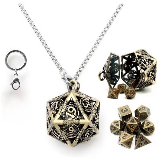 Collier en métal d20 contenant un set de 7 dés en métal