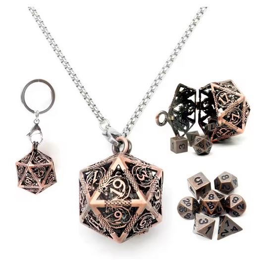 Collier en métal d20 contenant un set de 7 dés en métal