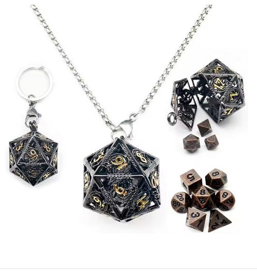 Collier en métal d20 contenant un set de 7 dés en métal