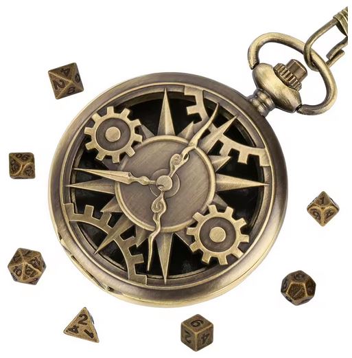 Montre à gousset " engrenage"  contenant 7 mini dés en métal